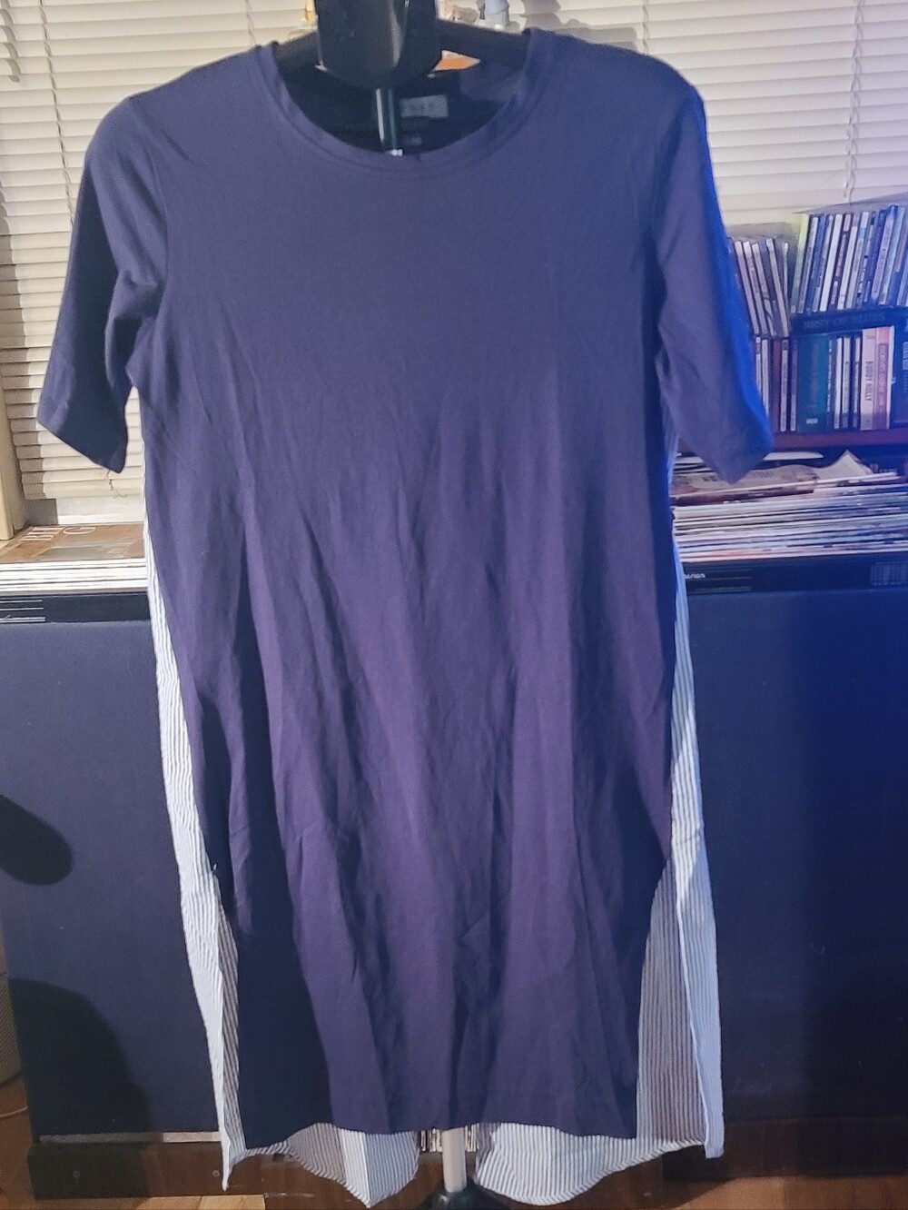 Navy Short Sleeve Tee Dress with Striped Sides and Tulip-Split Back Panel - Med